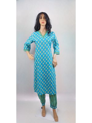 Blue and Green Handblock cotton kurta with Designer pant set By Reizl fashion