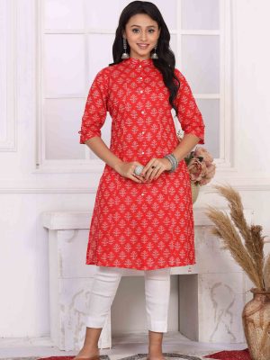 Women Red Handblock cotton kurta by Reizl Fashion