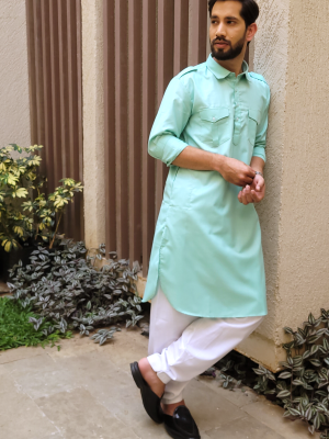Men Aqua green Solid khadi Cotton Pathani Kurta With Salwar (Pockets)